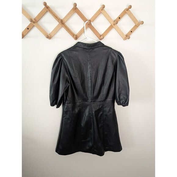 H&M Faux Black Leather Button Down Front Puff Sleeves Dress - Size 10P - Picture 4 of 6